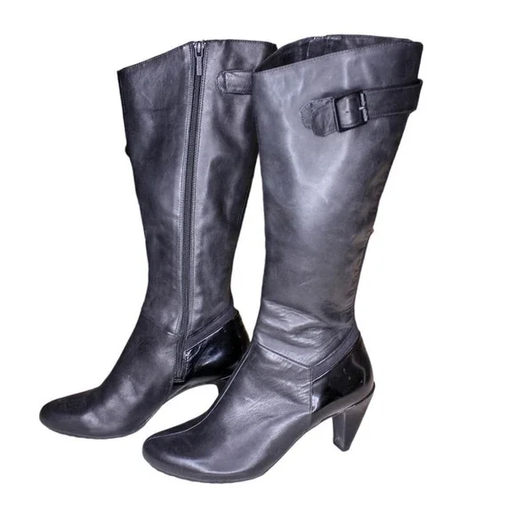 Tsubo High Heel Boots Black Leather Knee Boots Buckle Detail Size 7